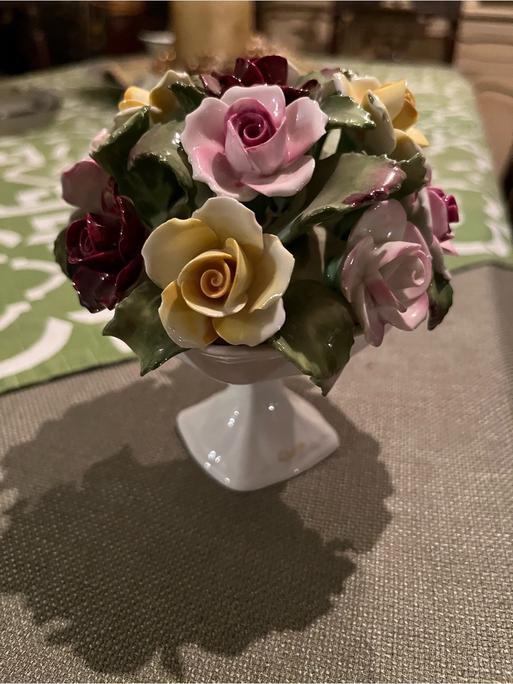 Porcelain Rose Bouquet Centerpiece in Pink, Yellow, and Green